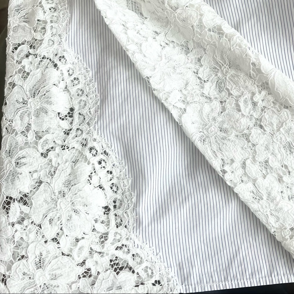 SANDRO | 🤍 White Lace Mock Neck Blouse w/ Thin Pinstripe Panel | Size 1 (Small) - Picture 9 of 16